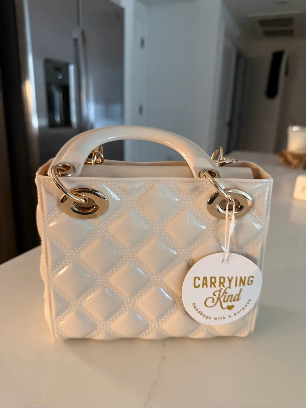 Ivory Quilted Patent Top-Handle Kids Bag with Charm Chain